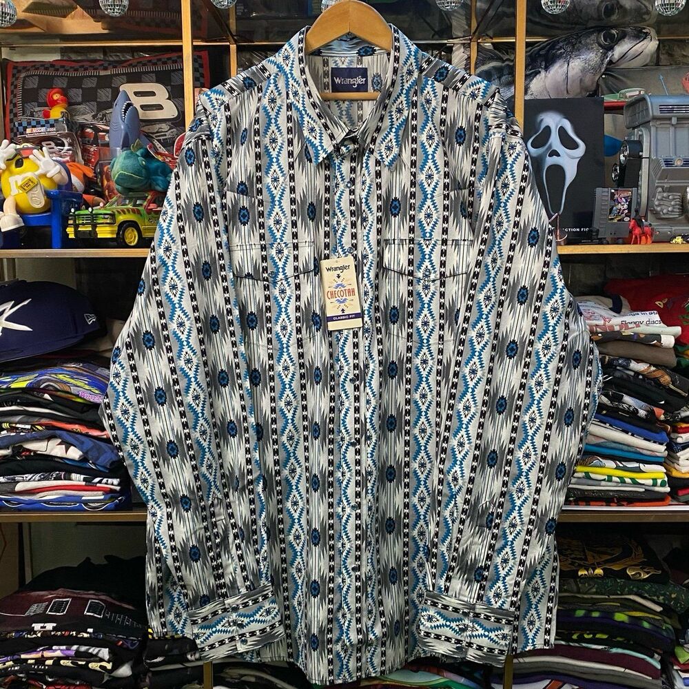 NWT Wrangler Checotah Pearl Snap Shirt Southwestern Aztec Geometric Blue XXL